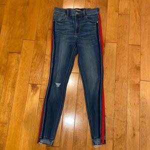Express Jeans size 2. Stretch denim. High rise. Blue with red stripe.